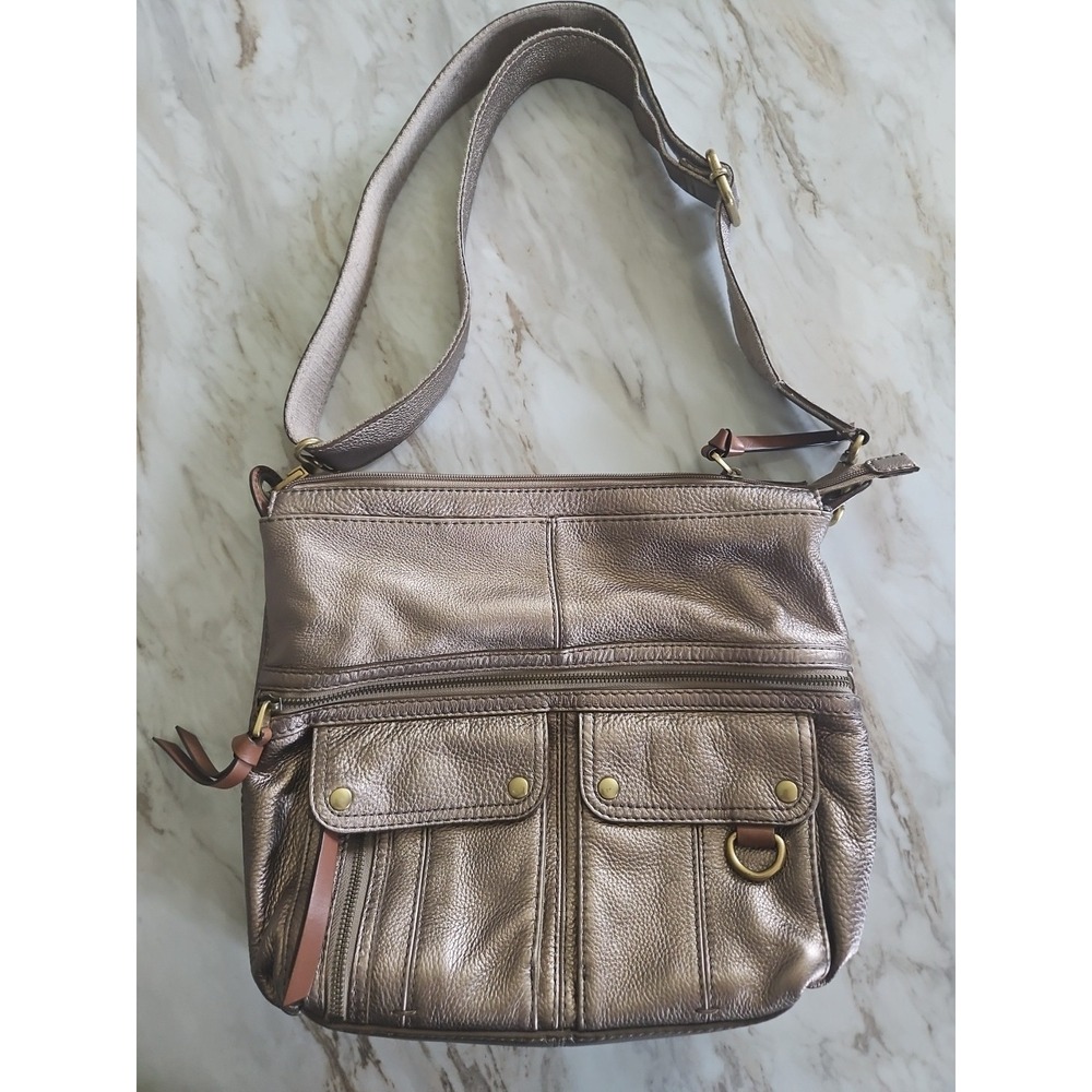 FOSSIL Morgan Traveler Handbag Purse Shoulder Messenger Bag Metallic Shiny